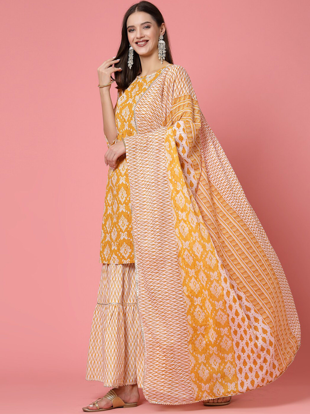 

Molly & Michel Ethnic Motifs Printed Regular Pure Cotton Kurta With Sharara & Dupatta, Yellow