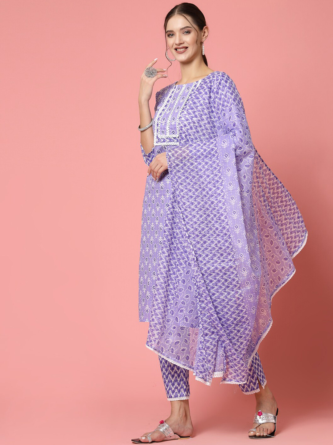 

Molly & Michel Floral Printed Regular Pure Cotton Kurta With Trousers & Dupatta, Purple