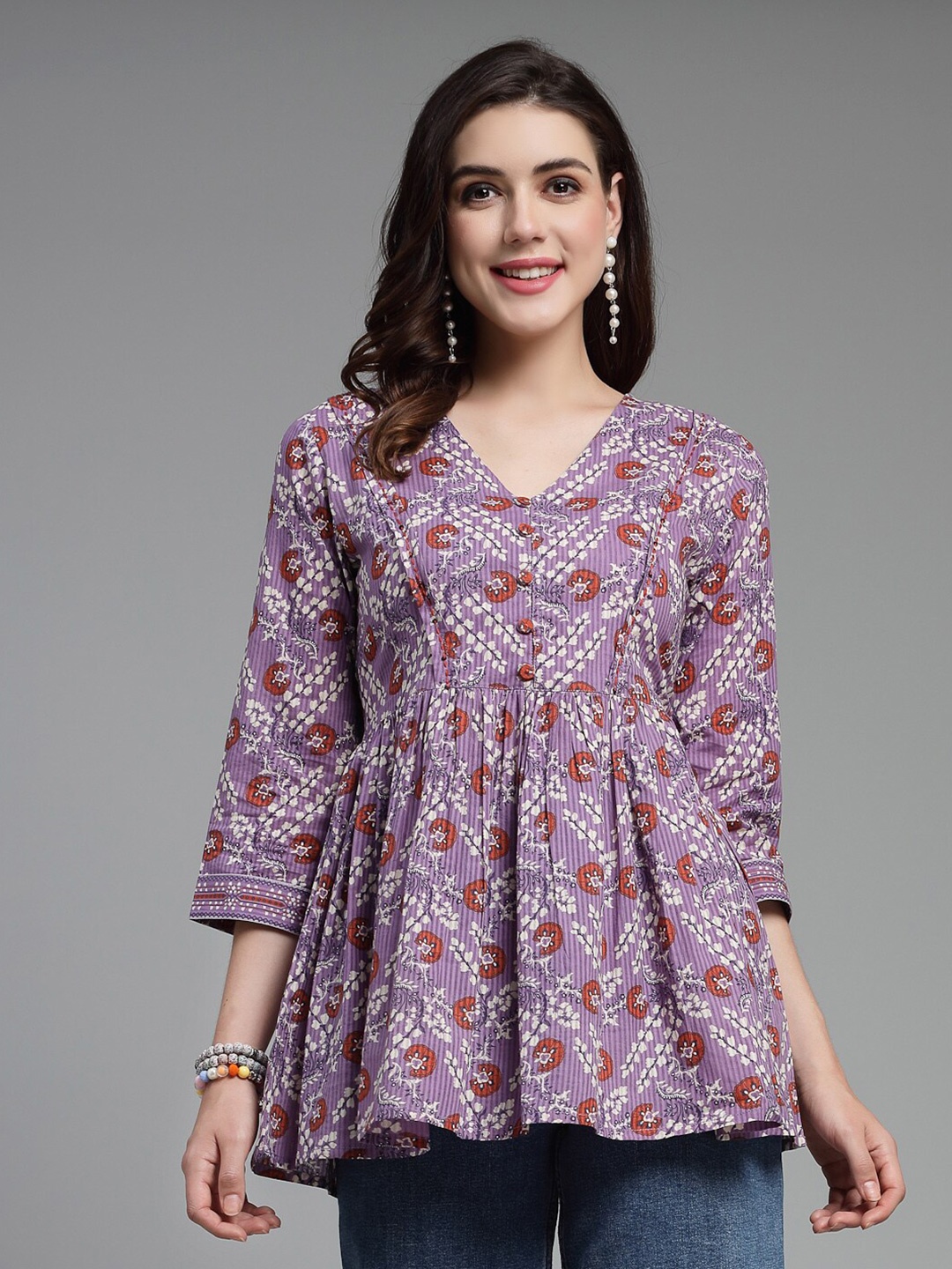 

QOMN Lavender Floral Printed Cotton Empire Longline Top, Purple