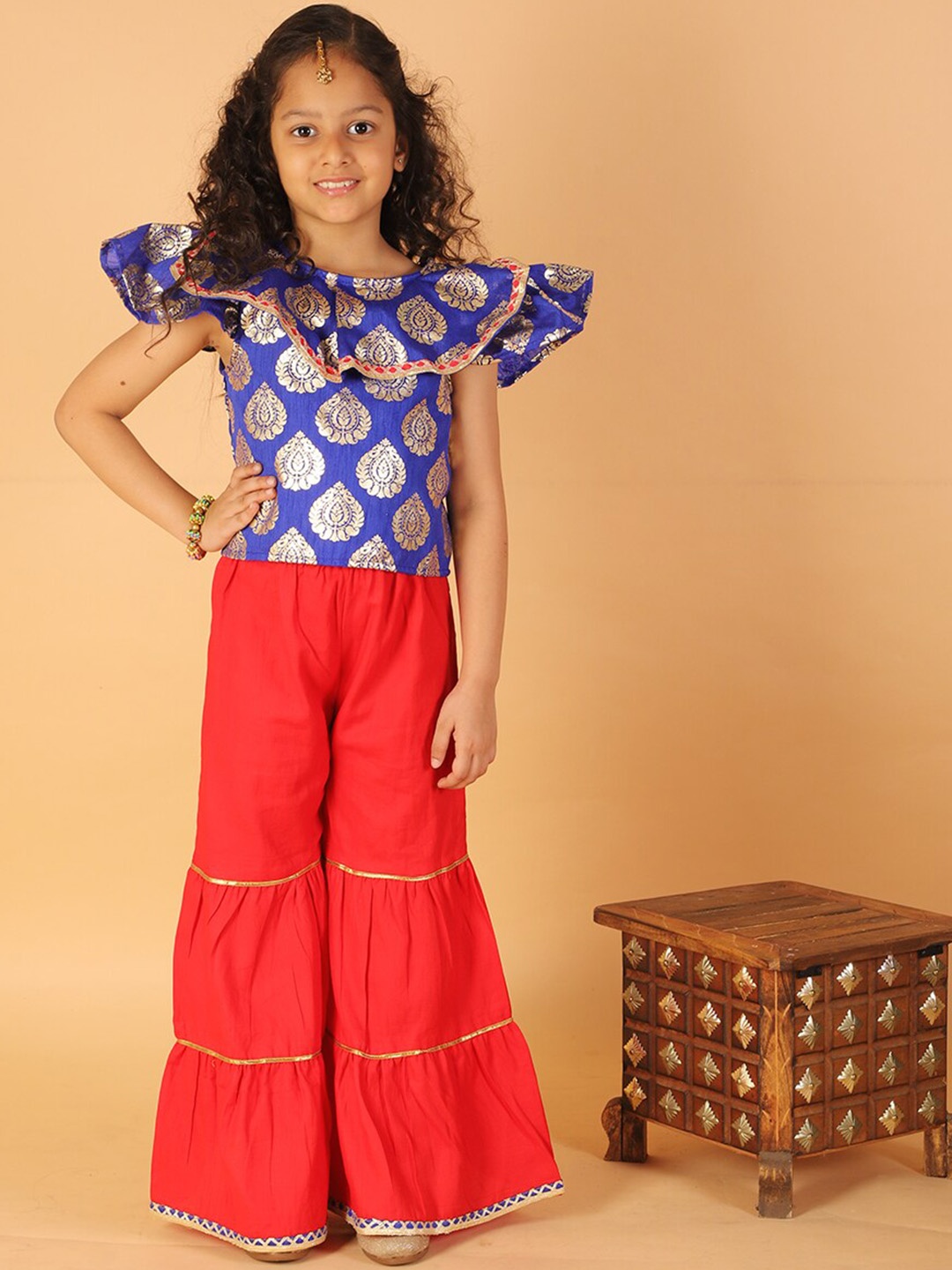 

M'andy Girls Woven Design Top With Sharara Clothing Set, Blue