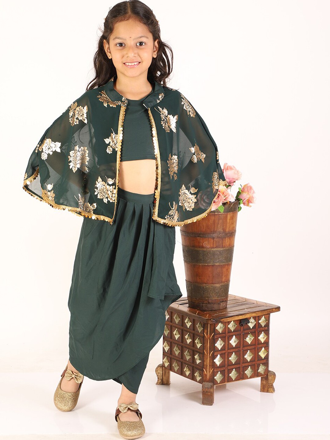 

M'andy Girls Printed Top With Dhoti Pant Clothing Set, Green