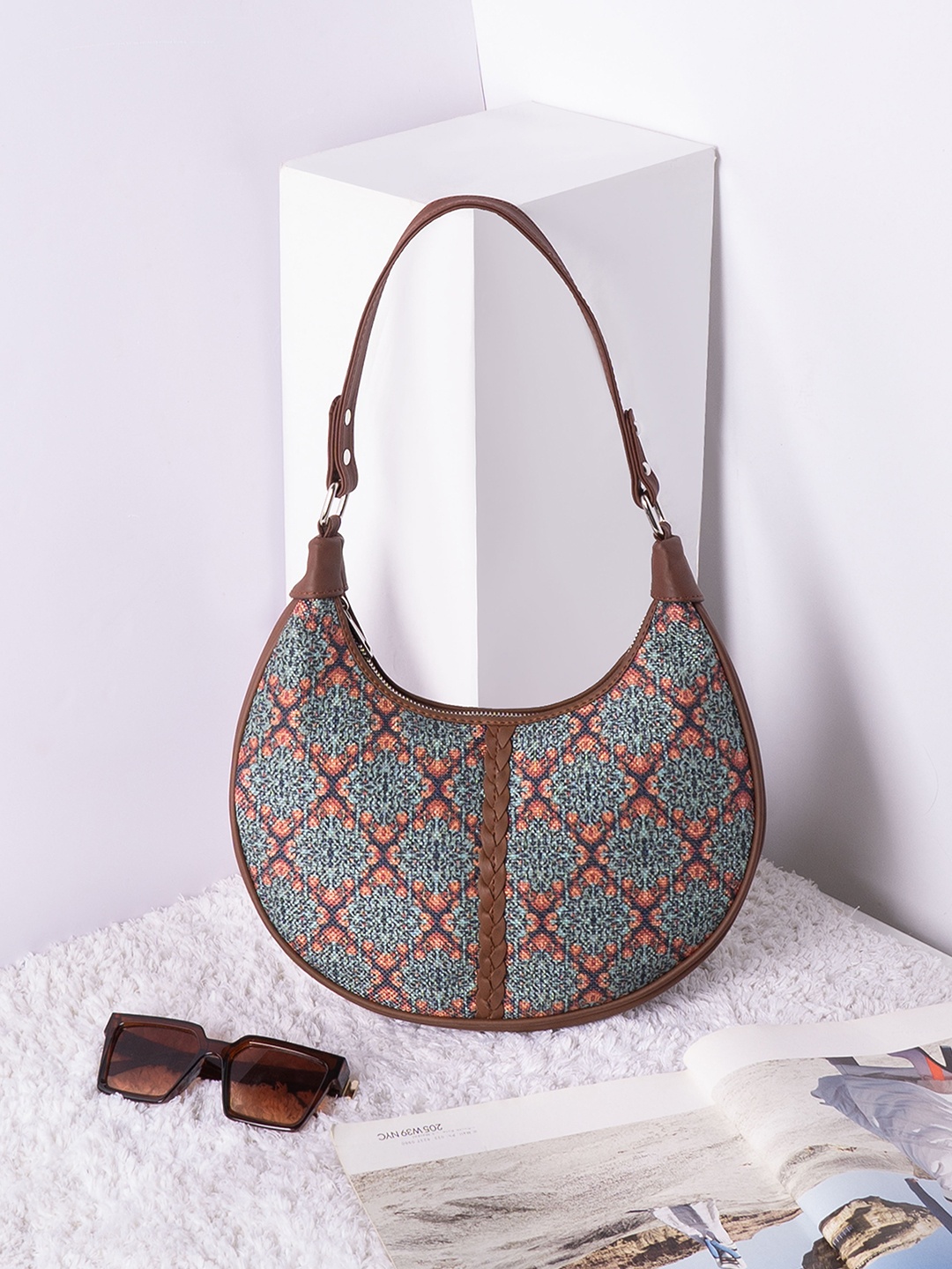 

ZOUK Ethnic Motifs Printed Half Moon Hobo Bag, Green