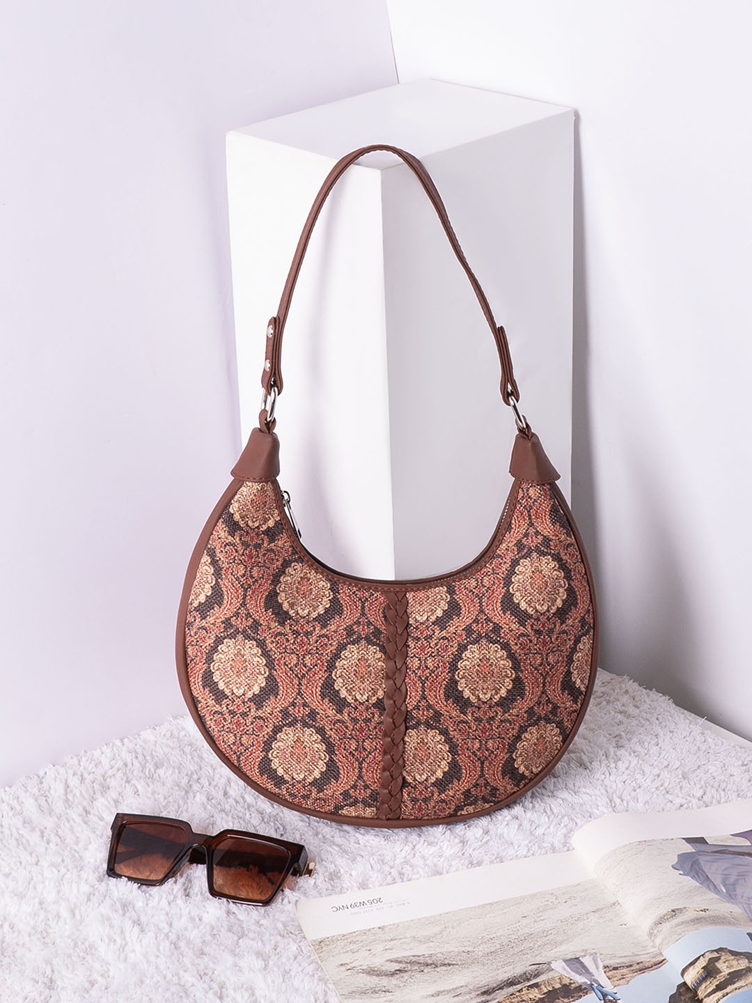 

ZOUK Ethnic Motifs Printed Half Moon Hobo Bag, Brown