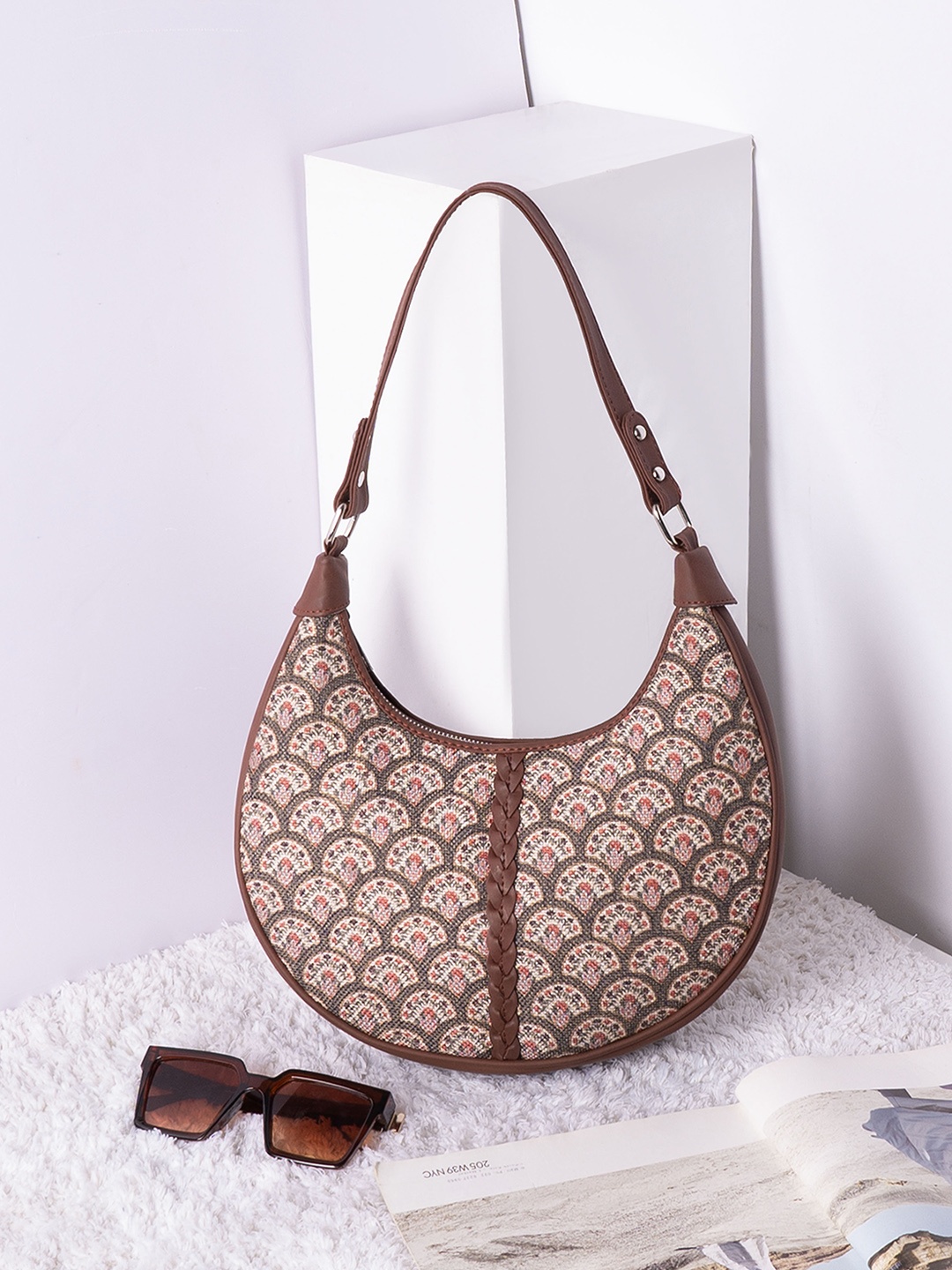 

ZOUK Ethnic Motifs Printed Half Moon Hobo Bag, Green