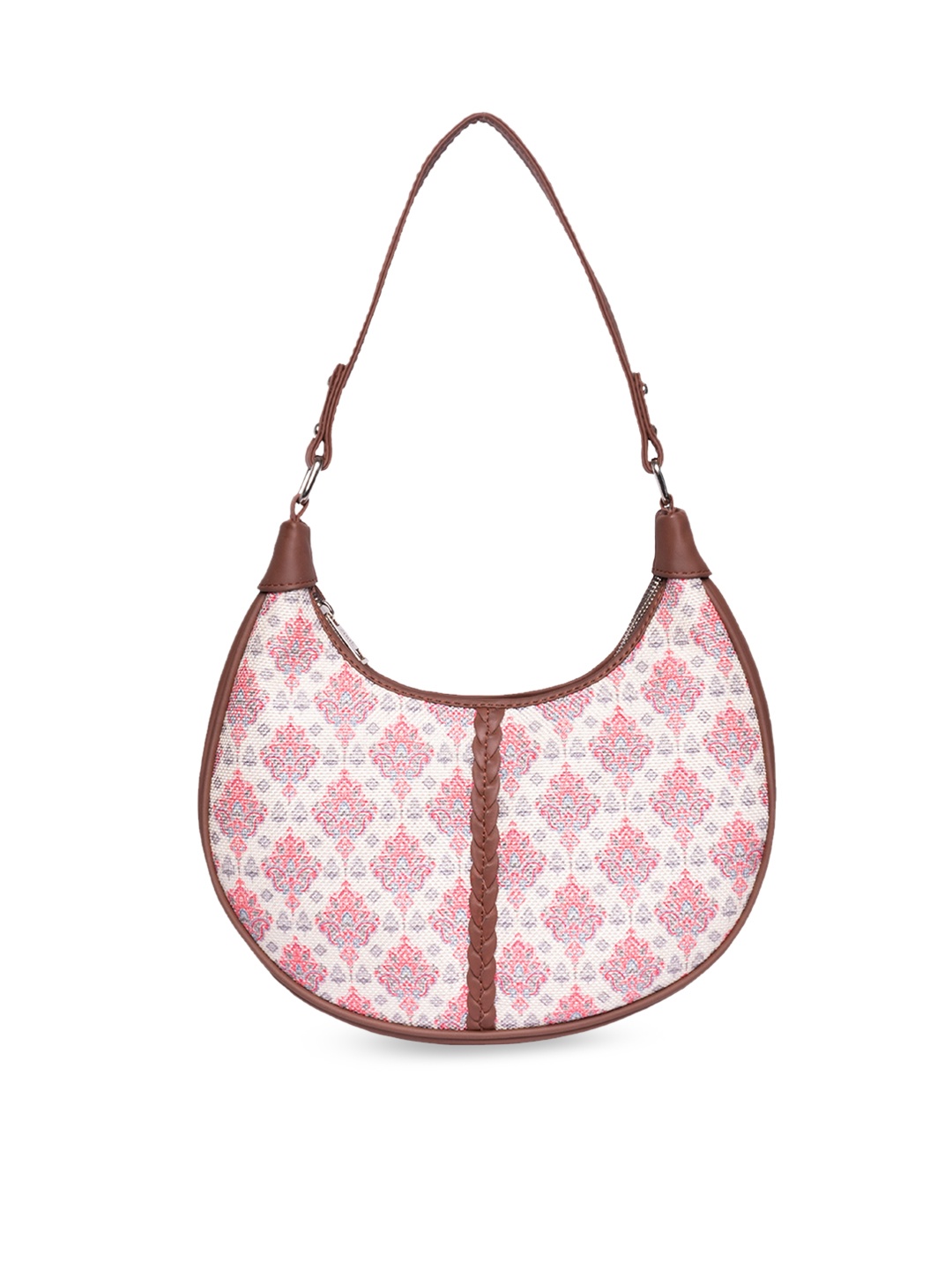 

ZOUK Ethnic Motifs Printed Half Moon Hobo Bag, White