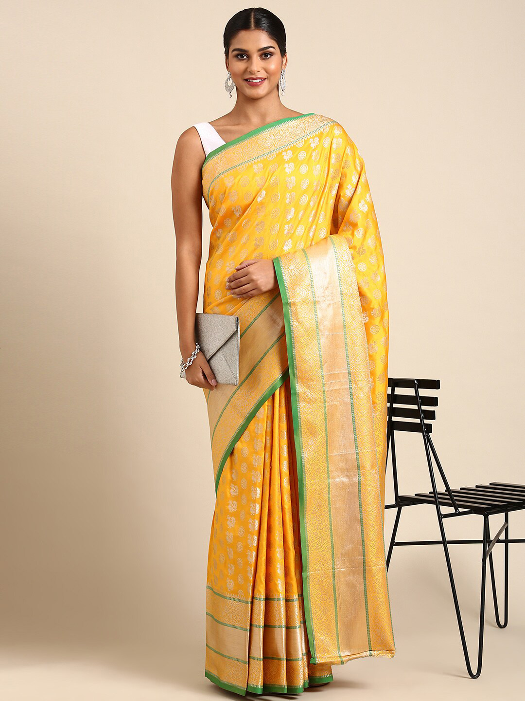 

Anaita Ethnic Motifs Woven Design Zari Pure Silk Banarasi Saree, Yellow