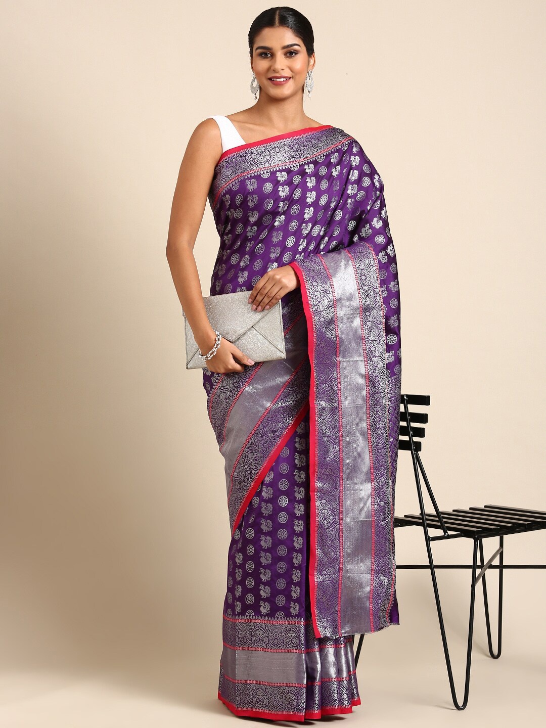 

Anaita Ethnic Motifs Woven Design Zari Pure Silk Banarasi Saree, Purple