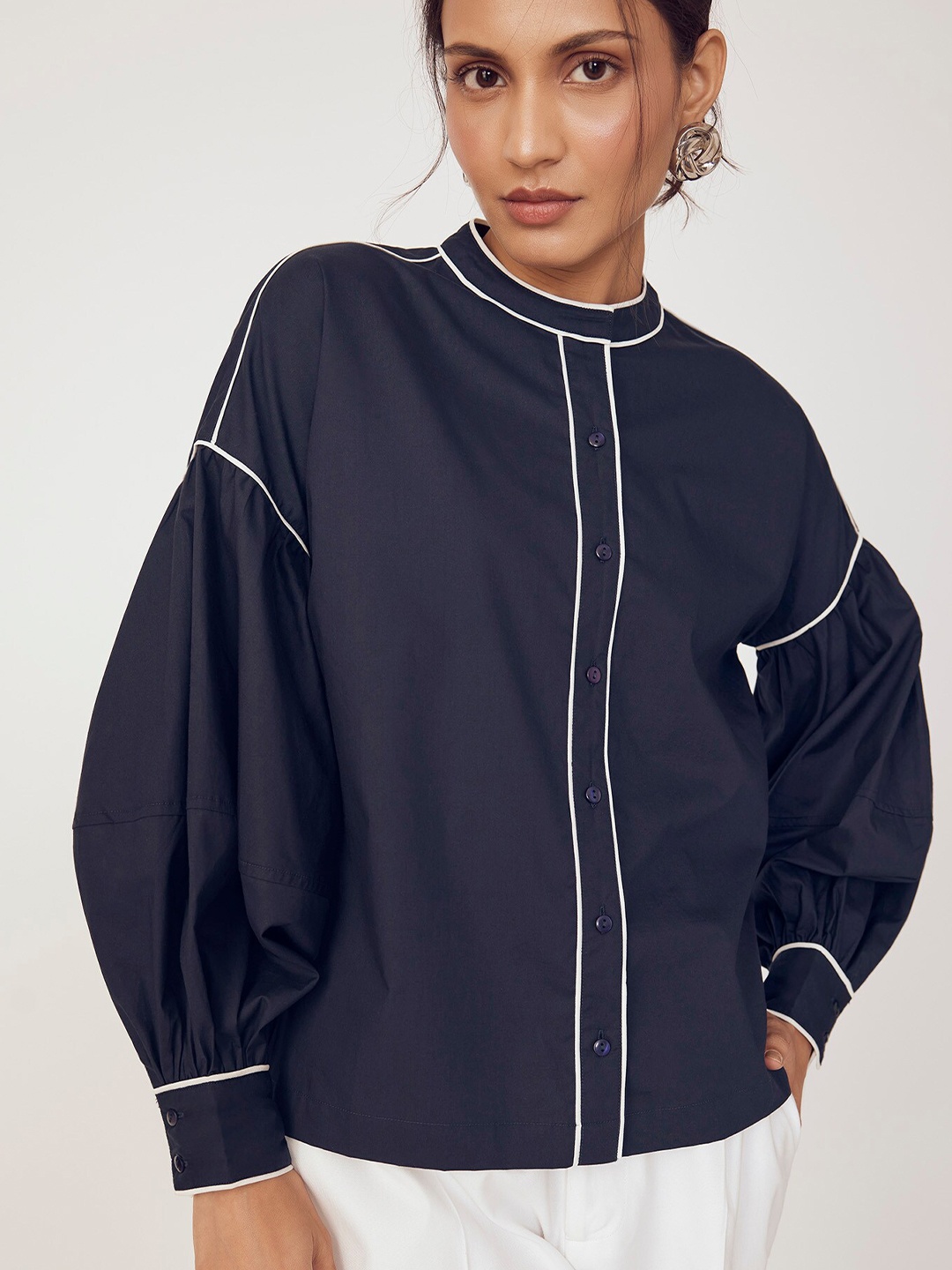 

The Label Life Mandarin Collar Bishop Sleeves Casual Shirt, Navy blue
