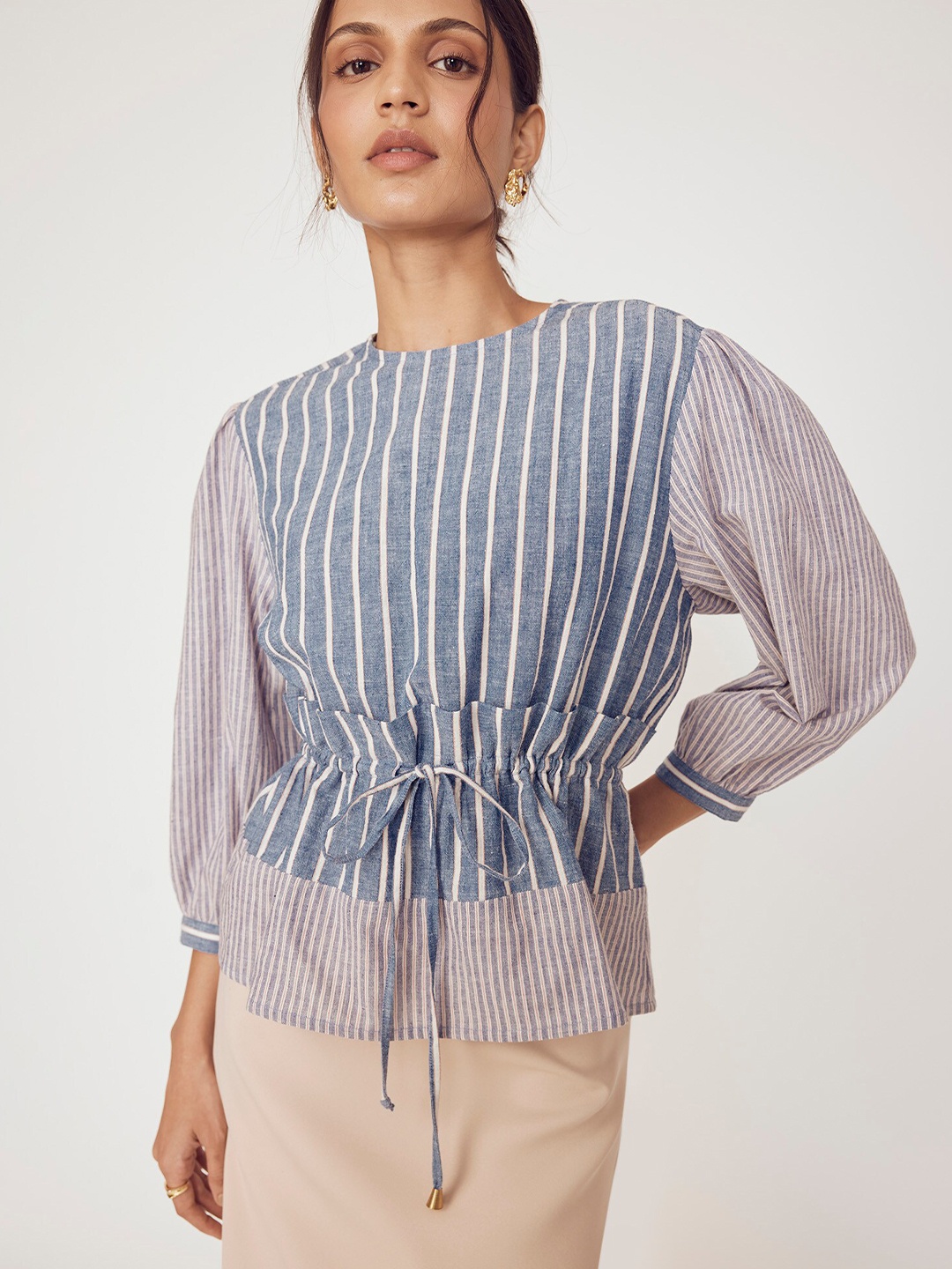 

The Label Life Vertical Striped Puff Sleeves Tie-Ups Detail Cotton Cinched Waist Top, Blue