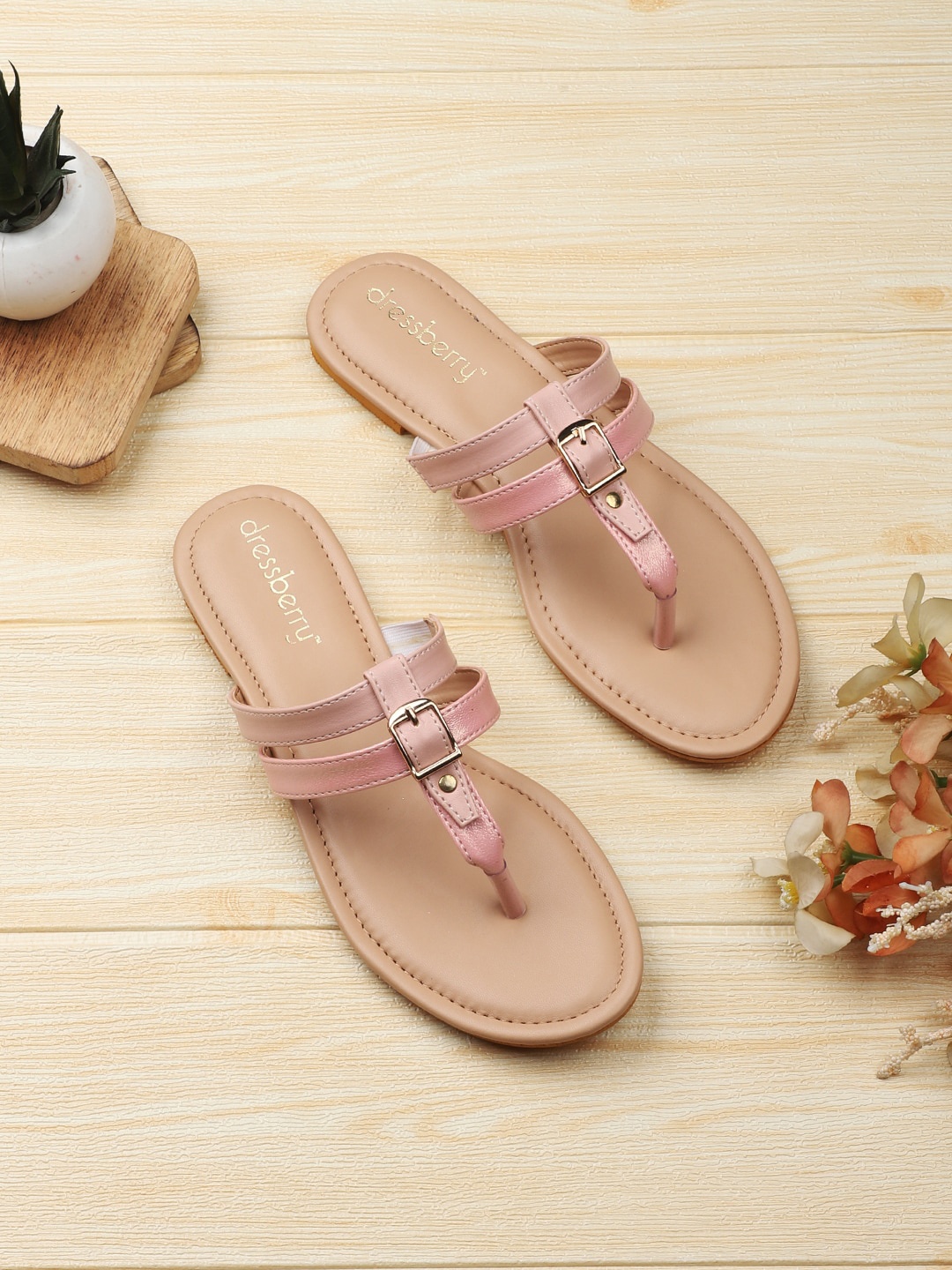 

DressBerry Peach-Coloured Buckled T-Strap Flats