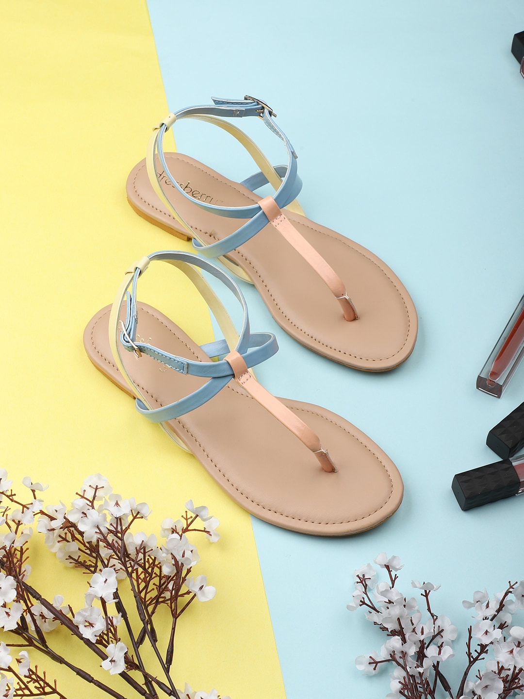 

DressBerry Blue & Peach-Coloured Strappy T-Strap Flats