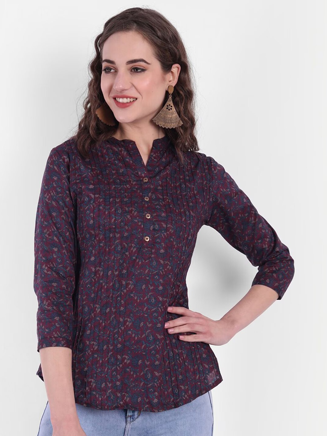 

SUTI Floral Printed Mandarin Collar Pure Cotton Shirt Style Top, Purple