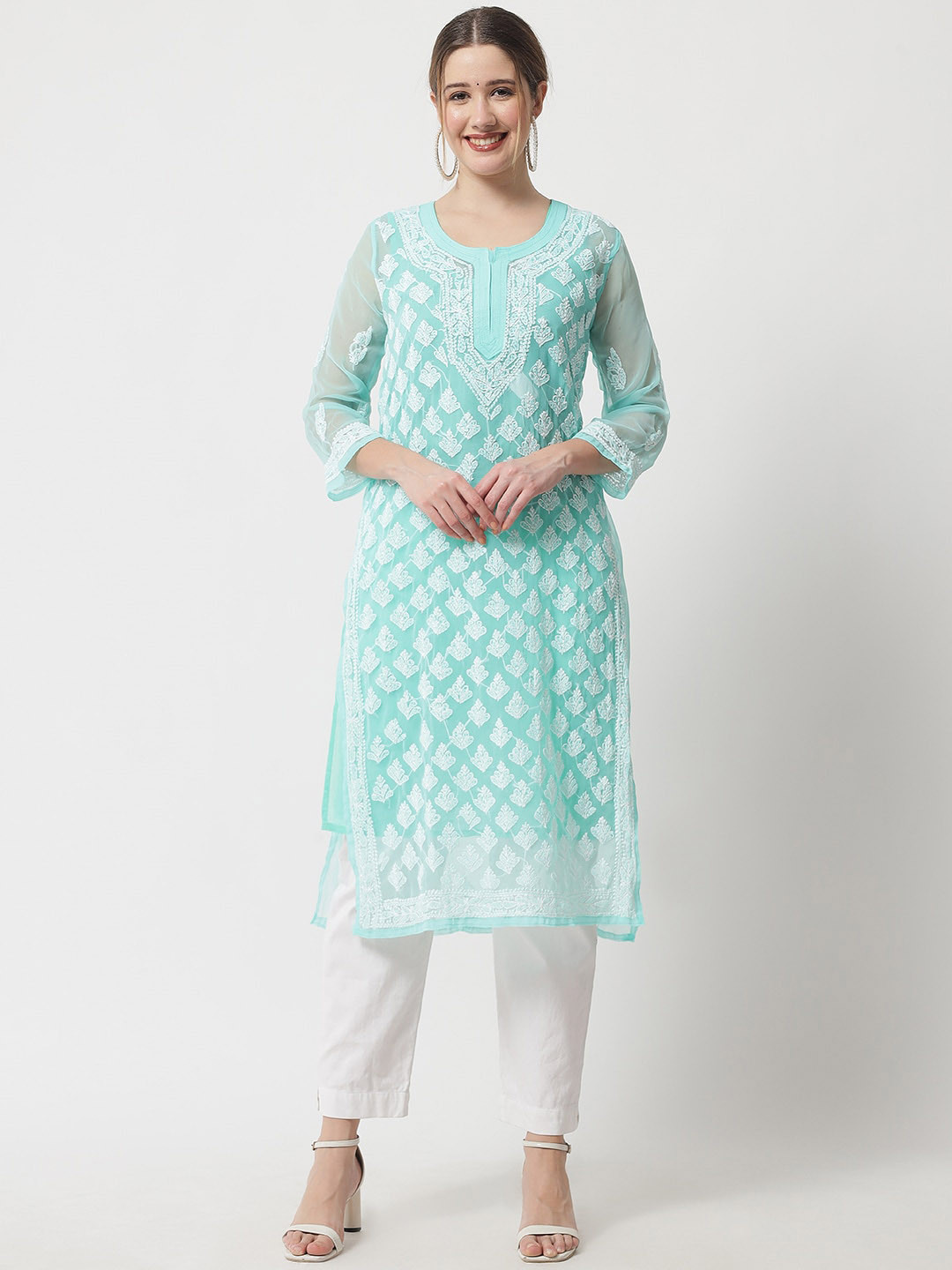 

Ethnava Ethnic Motifs Embroidered Round Neck Straight Kurta With Slip, Sea green