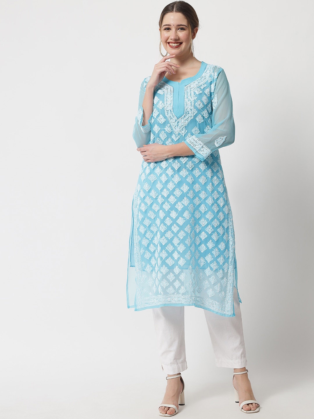 

Ethnava Ethnic Motifs Embroidered Round Neck Straight Kurta With Slip, Blue