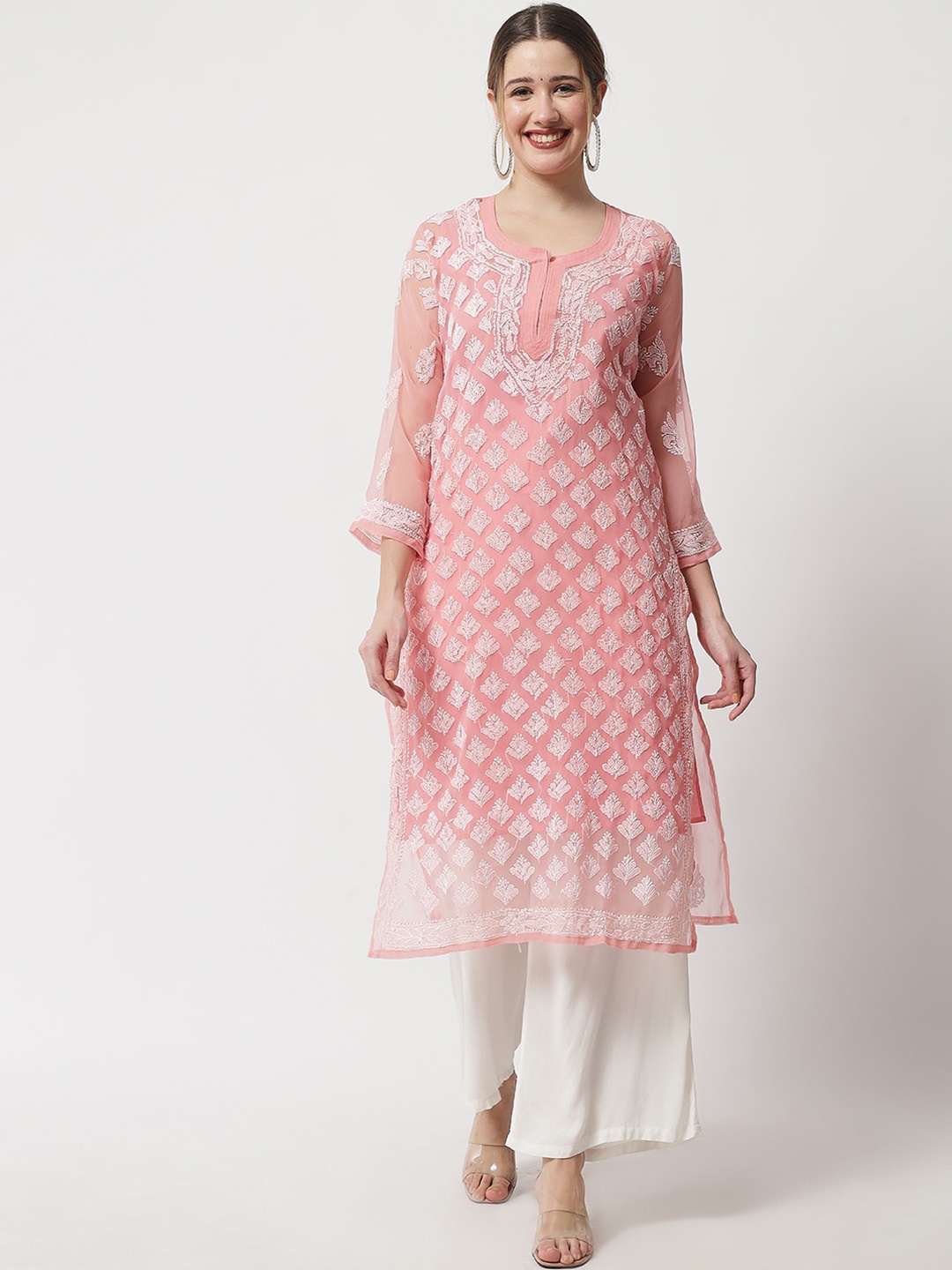 

Ethnava Ethnic Motifs Embroidered Round Neck Straight Kurta With Slip, Peach