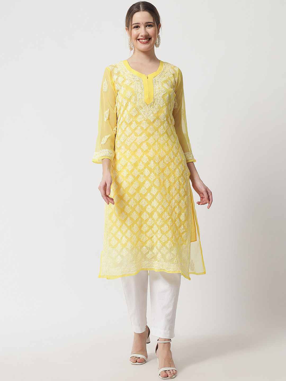 

Ethnava Ethnic Motifs Embroidered Round Neck Straight Kurta With Slip, Yellow