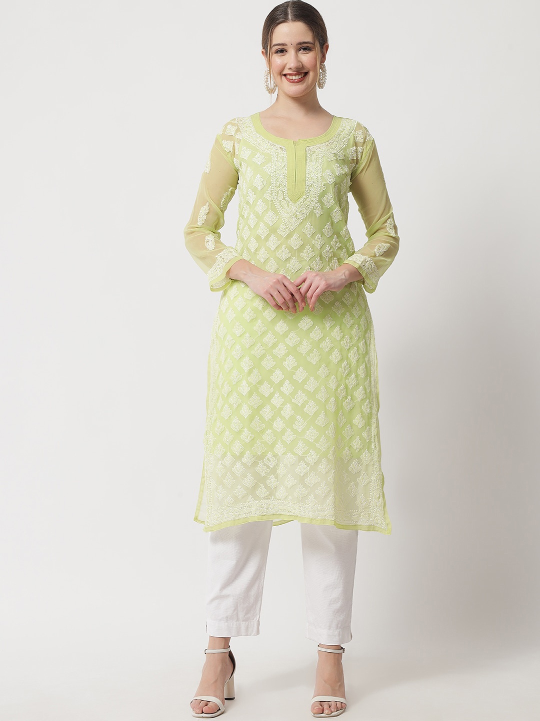 

Ethnava Ethnic Motifs Embroidered Thread Work Georgette Kurta, Green