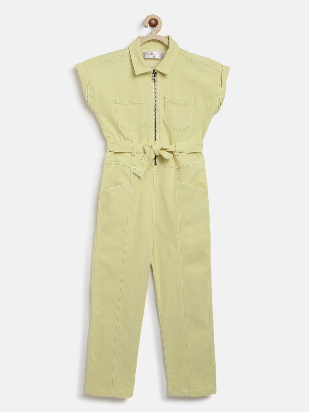 

TALES & STORIES Girls Shirt Collar Cotton Basic Jumpsuit, Yellow