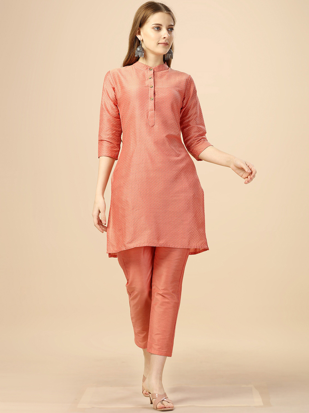 

Hinayat Fashion Woven Design Regular Kurta With Trousers, Peach