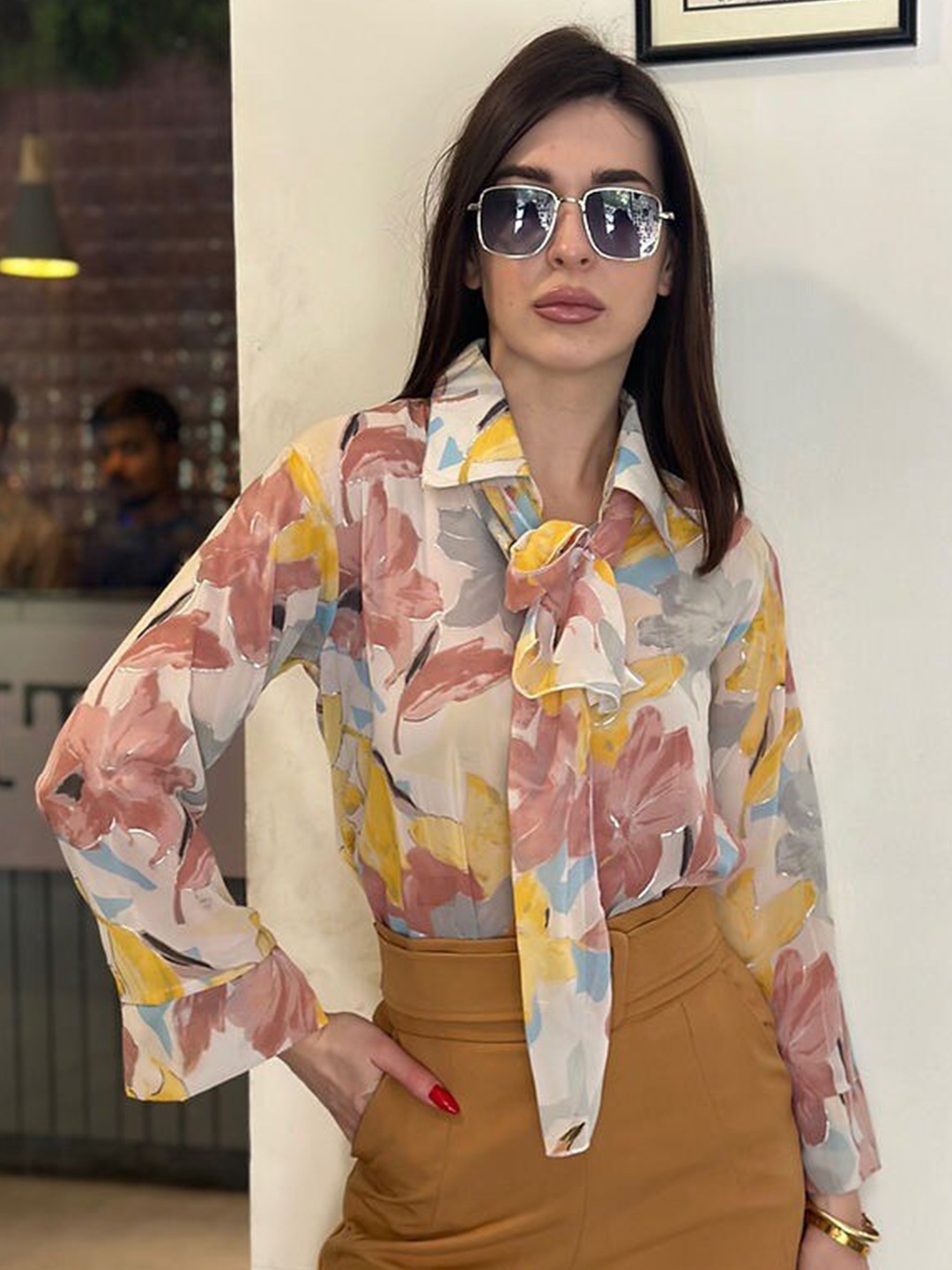 

StyleAsh Floral Printed Shirt Collar Crop Top, Yellow
