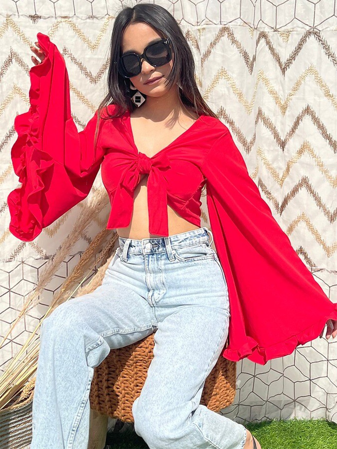 

StyleAsh V-Neck Flared Sleeve Crop Top, Red