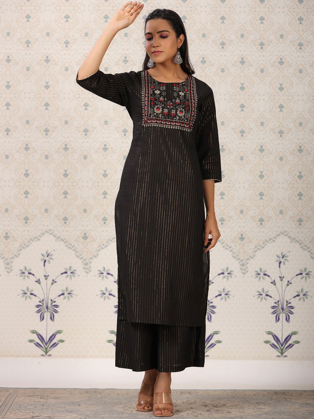 

Ode by House of Pataudi Striped Zari Pure Cotton Kurta With Palazzos, Black