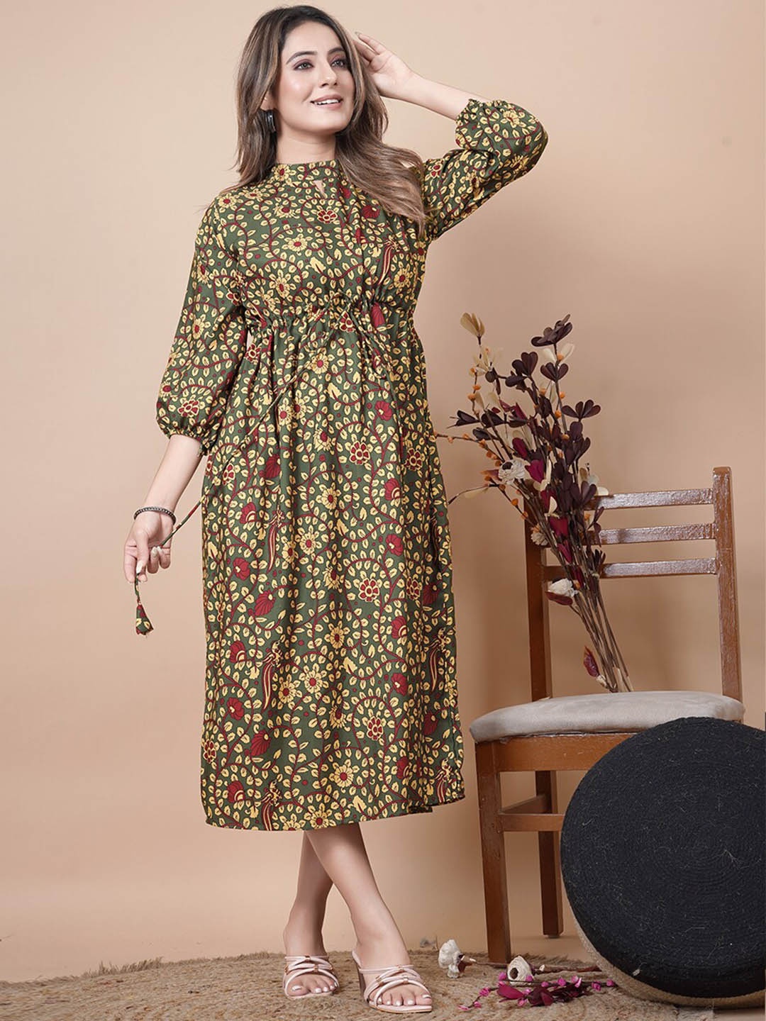 

Tasarika Floral Printed Fit & Flare Midi Dress, Olive