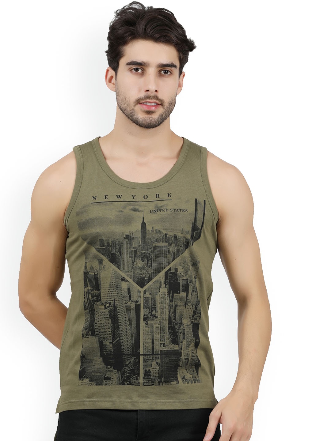 

jugular Printed Pure Cotton Sleeveless Innerwear Vests, Olive