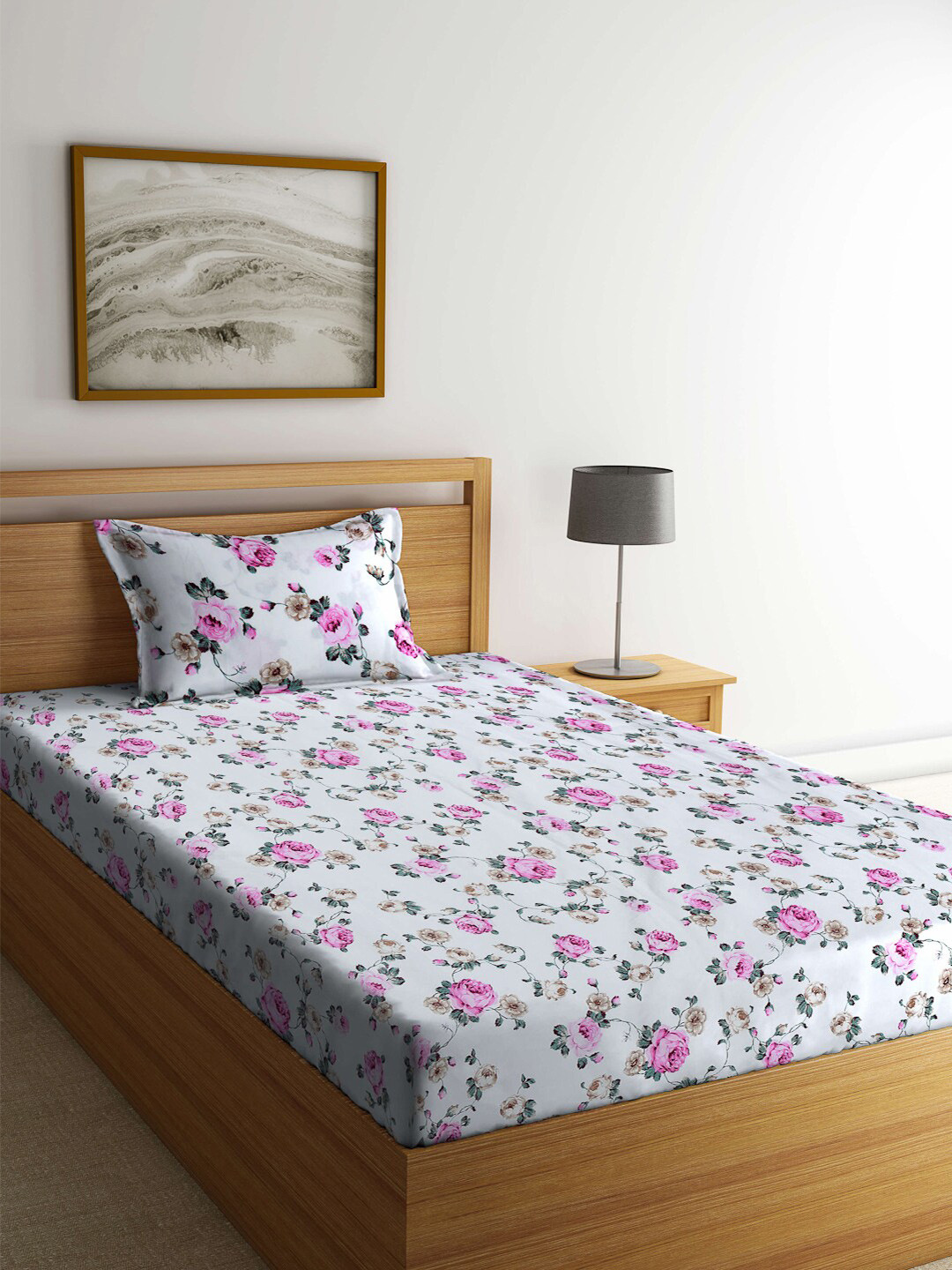 

FABINALIV White & Pink Floral Fitted 300 TC Single Bedsheet With 1 Pillow Cover
