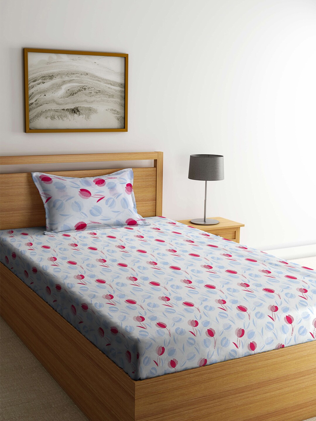 

FABINALIV White & Pink Floral Fitted 300 TC Single Bedsheet With 1 Pillow Cover