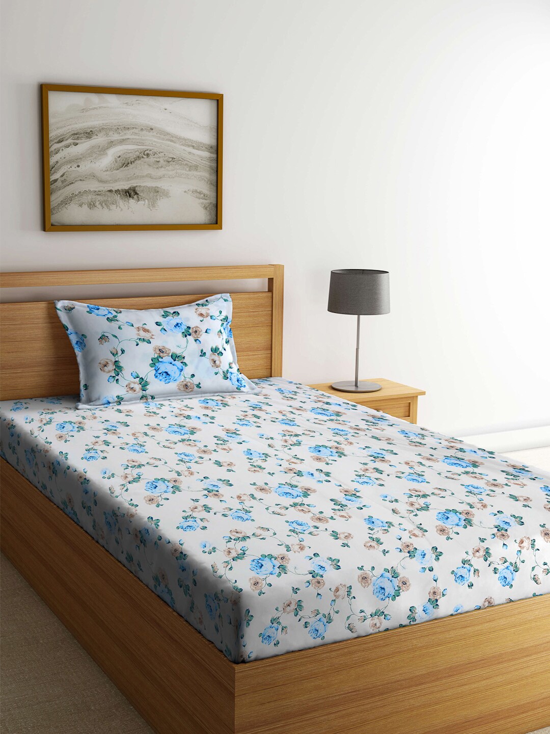 

FABINALIV Floral Fitted 300 TC 1 Single Bedsheet with 1 Pillow Cover, White