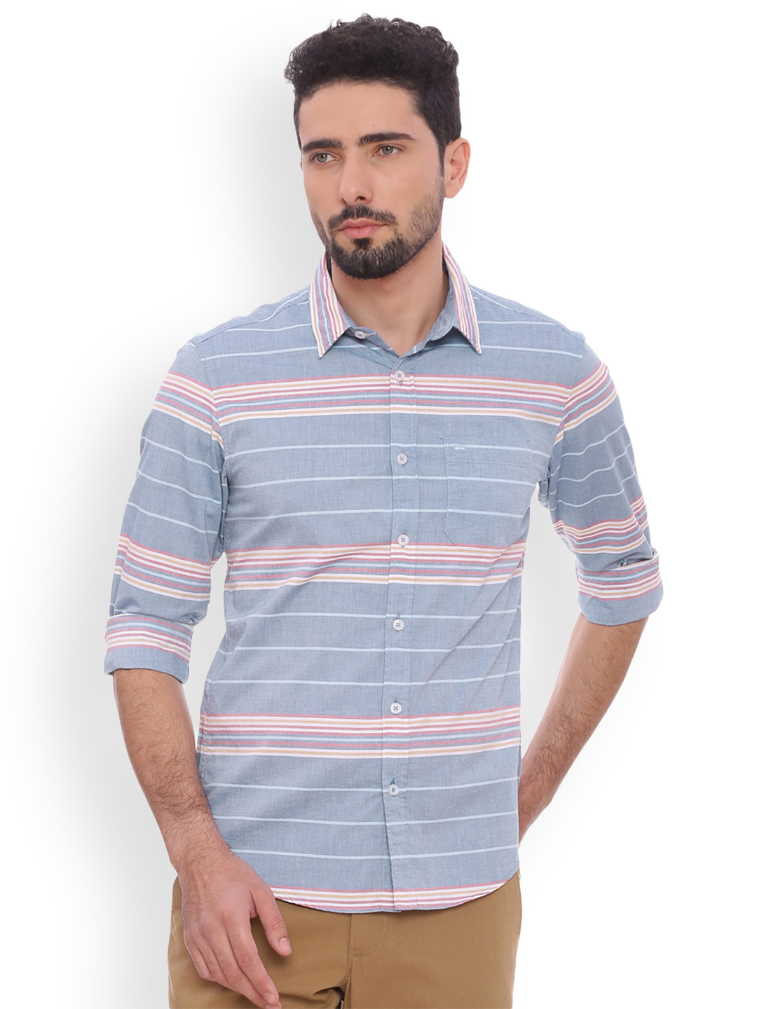 

Basics Men Blue Slim Fit Striped Casual Shirt