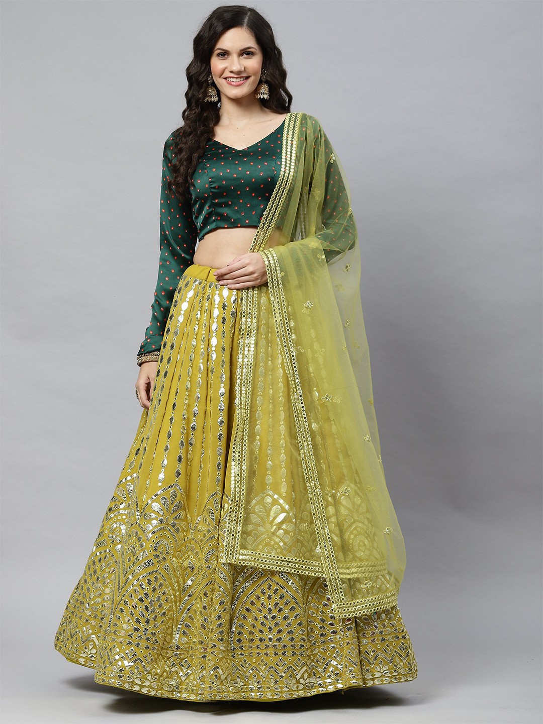 

Nimayaa Printed Mirror Work Semi-Stitched Lehenga & Unstitched Blouse With Dupatta, Fluorescent green