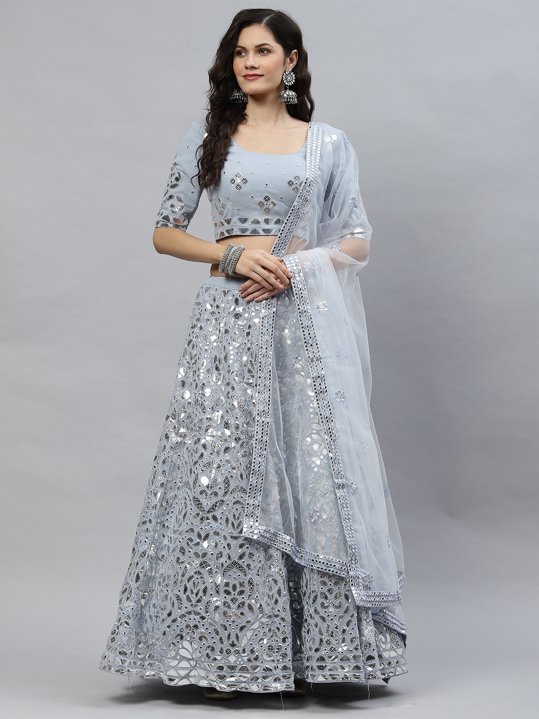 

Nimayaa Embroidered Mirror Work Semi-Stitched Lehenga & Unstitched Blouse With Dupatta, Blue