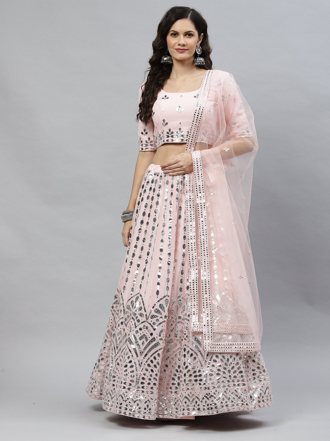 

Nimayaa Embellished Mirror Work Semi-Stitched Lehenga & Unstitched Blouse With Dupatta, Pink