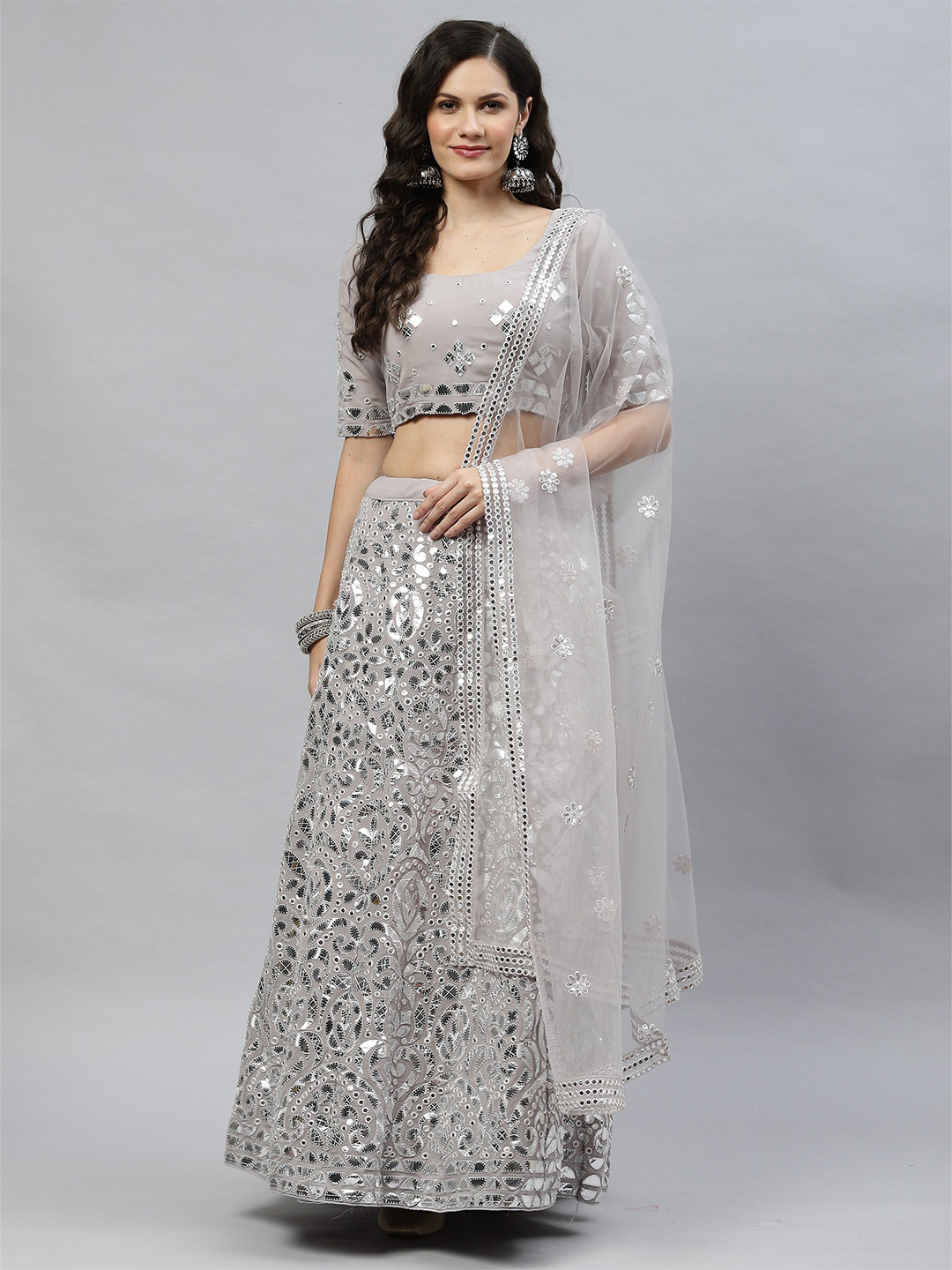 

Nimayaa Embroidered Mirror Work Semi-Stitched Lehenga & Unstitched Blouse With Dupatta, Grey