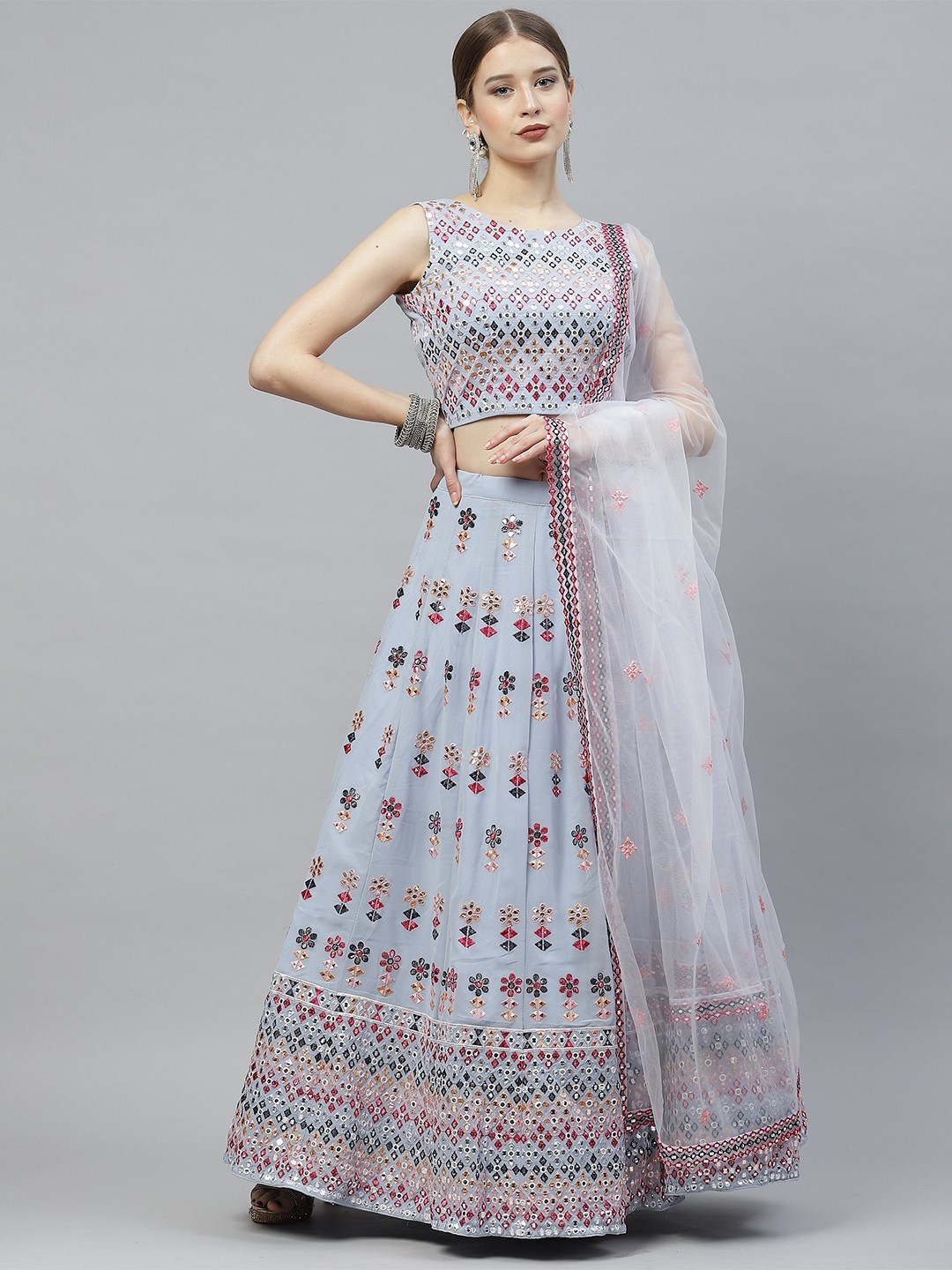 

Nimayaa Embroidered Mirror Work Semi-Stitched Lehenga & Unstitched Blouse With Dupatta, Blue