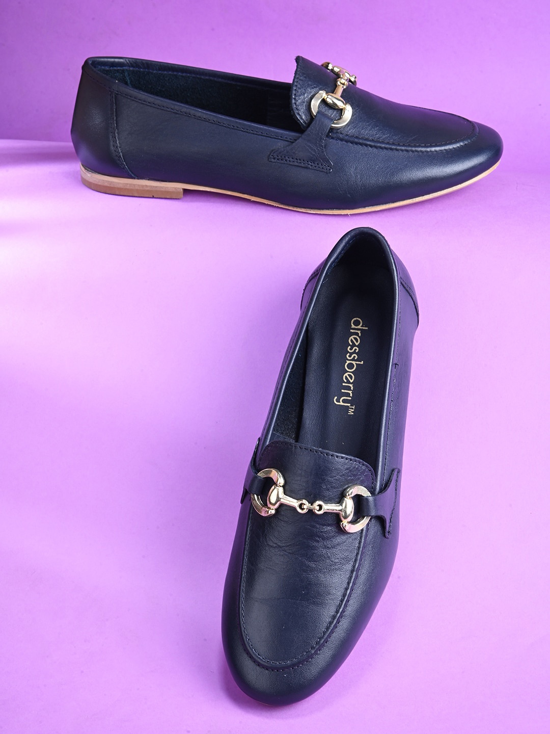 

Alleviater Women Buckled Leather Horsebit Loafers, Navy blue