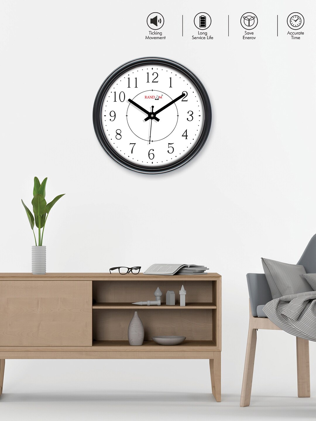 

RANDOM Printed Round Shaped Sweep Silent Movement Contemporary Wall Clock, Black