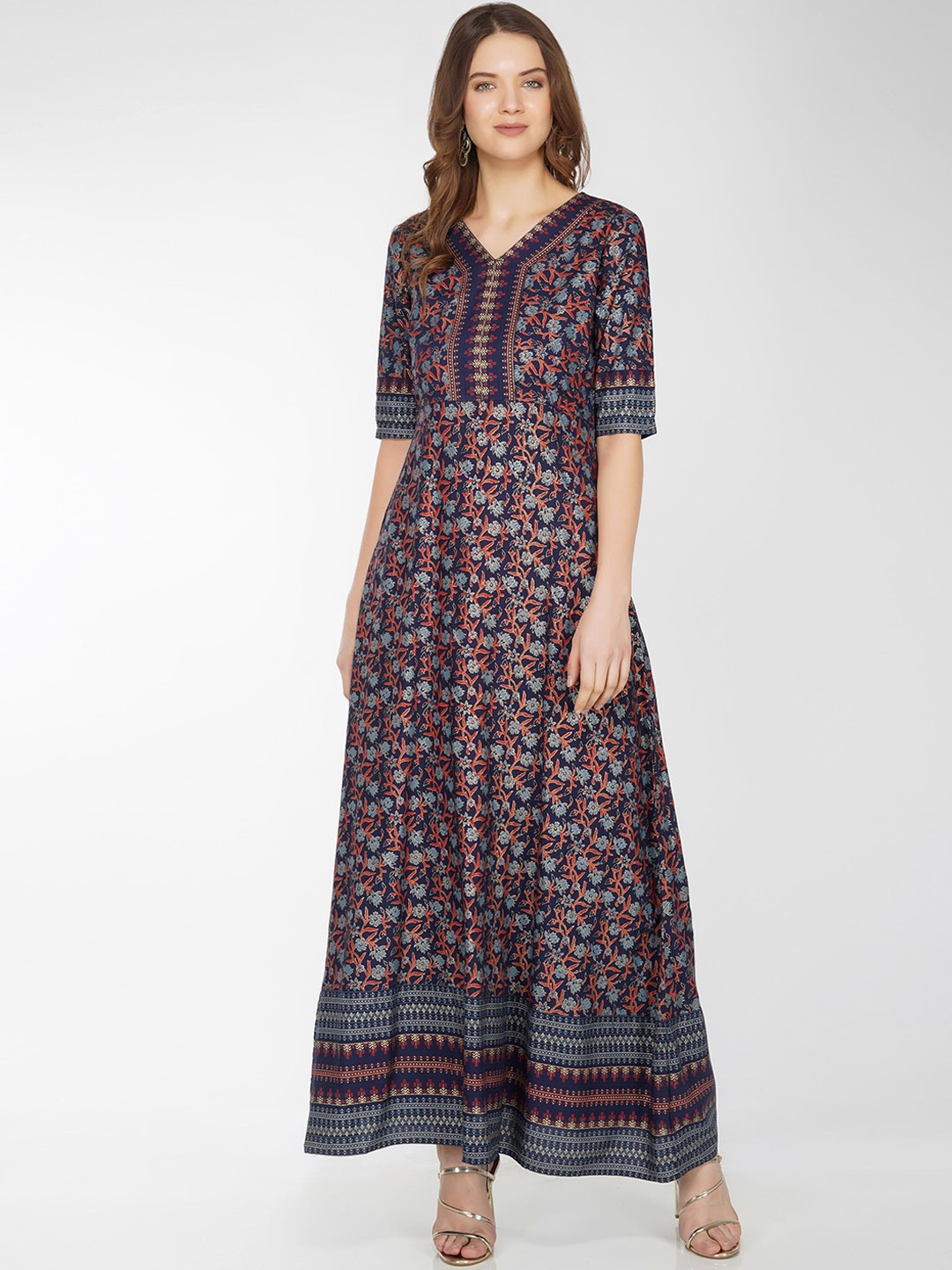 

METRO-FASHION Ethnic Motifs Printed V-Neck Maxi Ethnic Dress, Navy blue