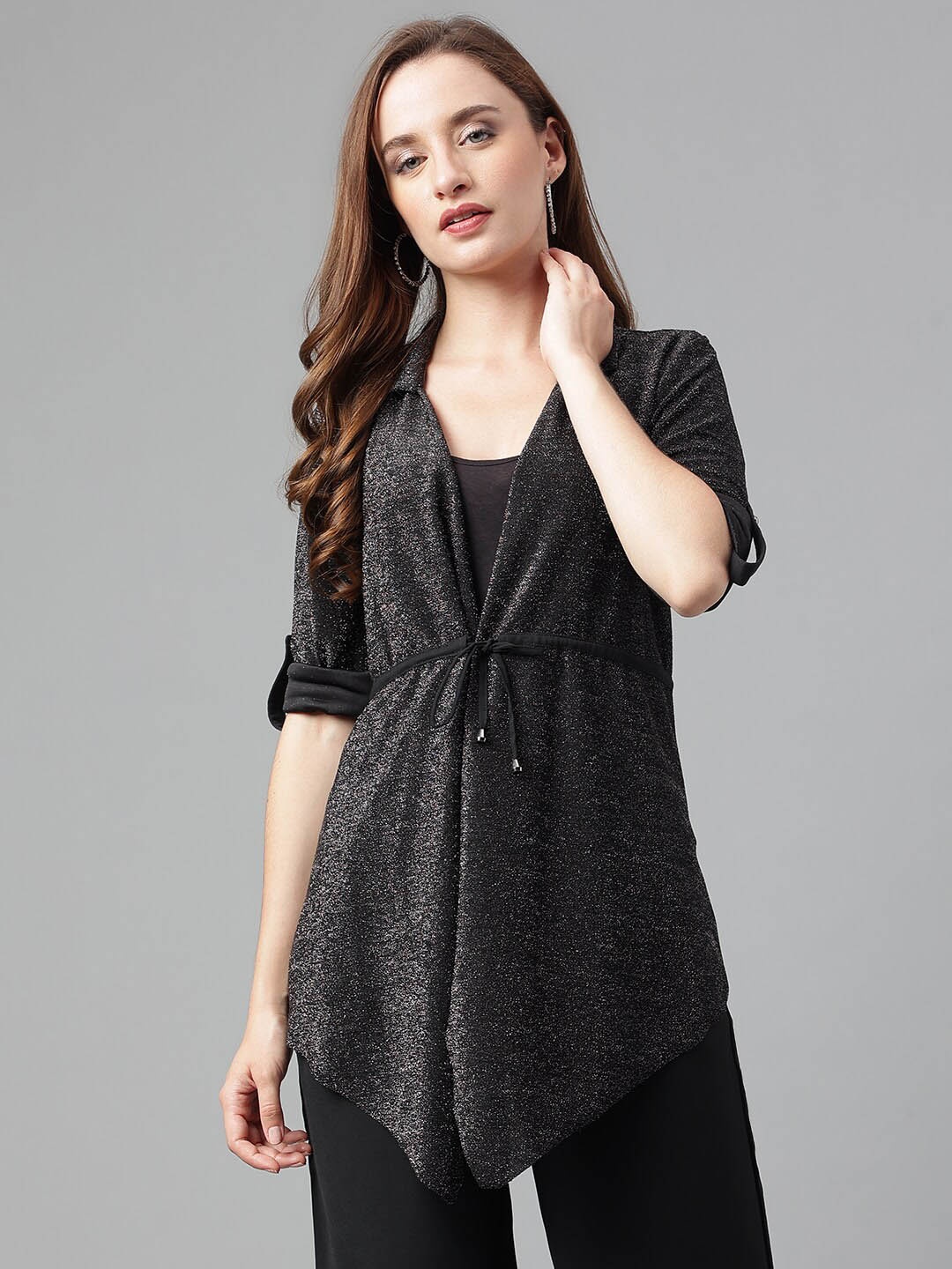 

Latin Quarters Tie-Up Asymmetric Shrug, Black