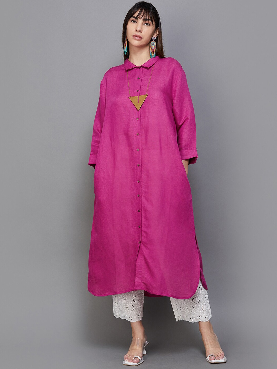 

Melange by Lifestyle Shirt Collar A-Line Kurta, Pink