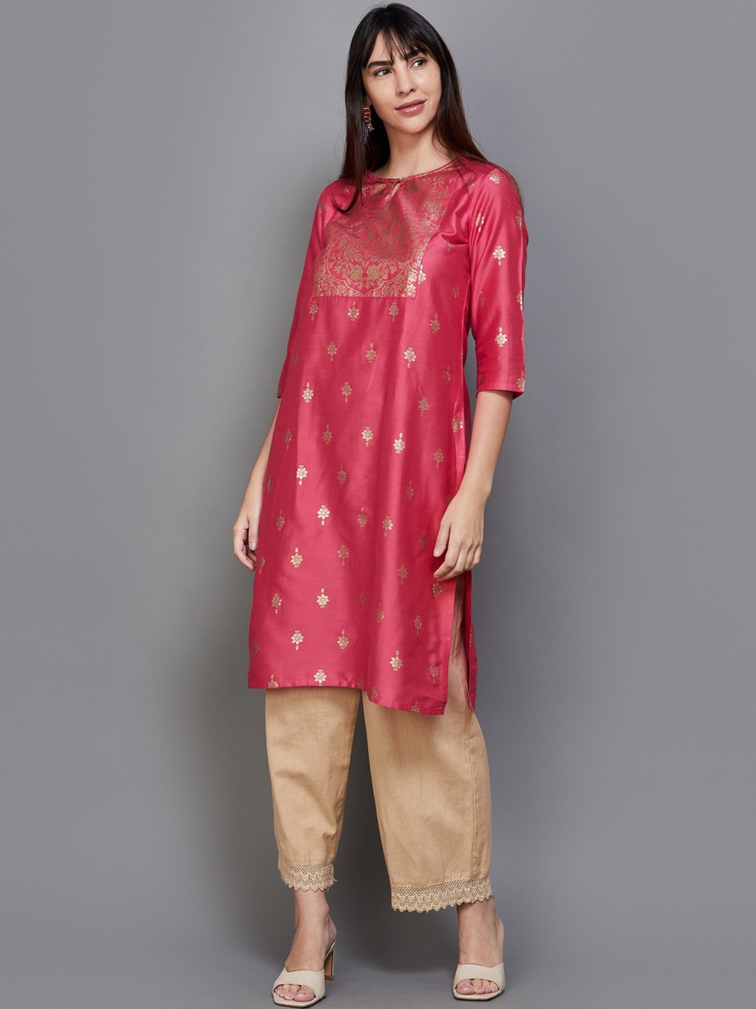 

Melange by Lifestyle Floral Woven Design Straight Kurta, Pink