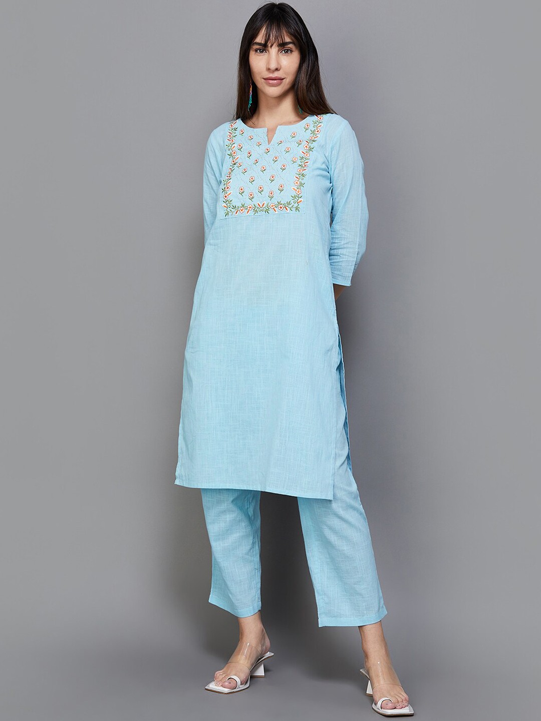 

Melange by Lifestyle Floral Yoke Design Thread Work Pure Cotton Kurta with Trousers, Blue