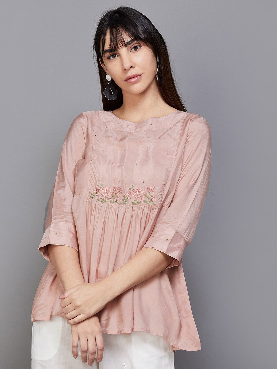 

Melange by Lifestyle Floral Embroidered Pleated Kurti, Peach