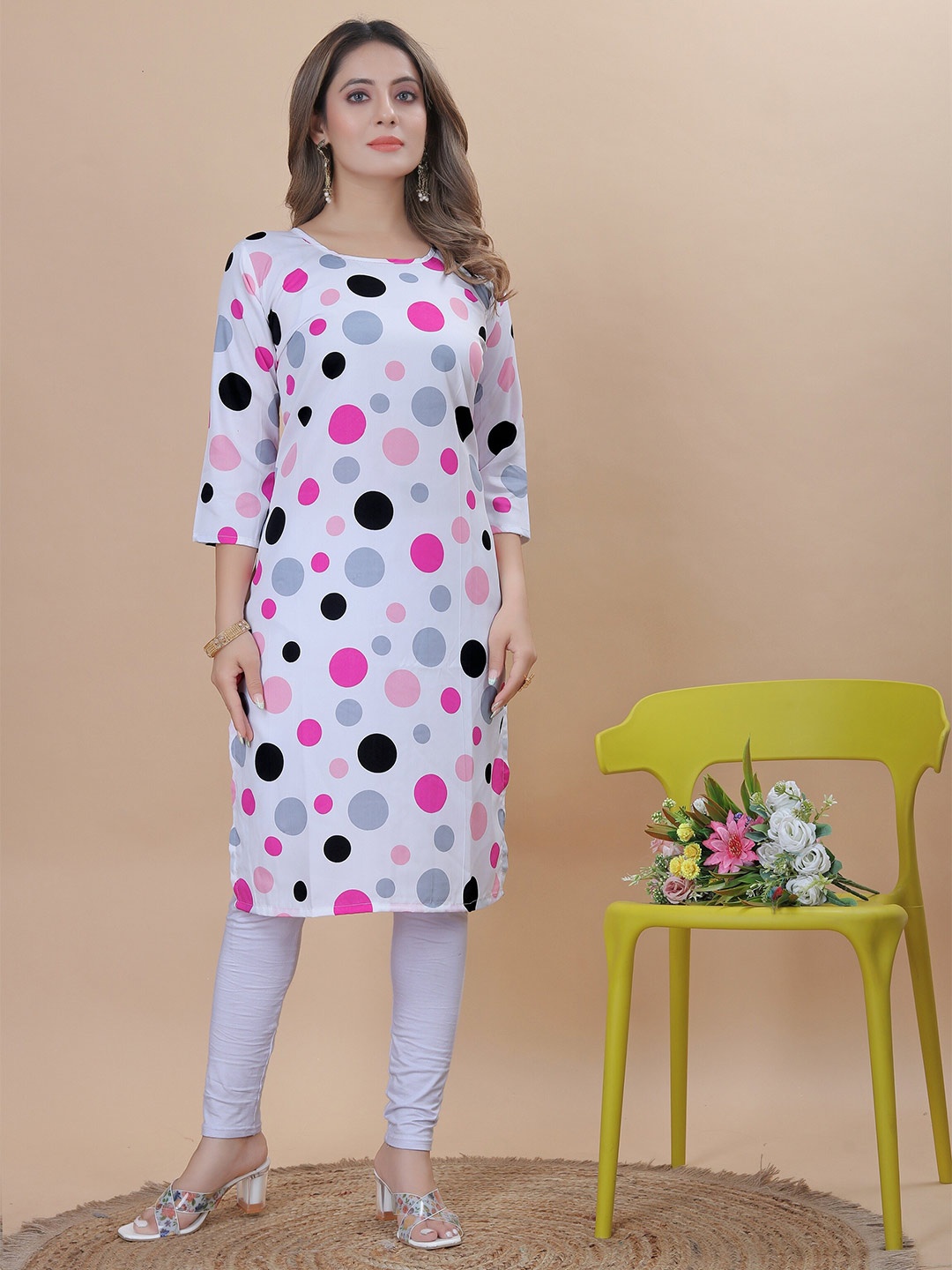 

KALINI Polka Dot Printed Round Neck Crepe Straight Kurta, White