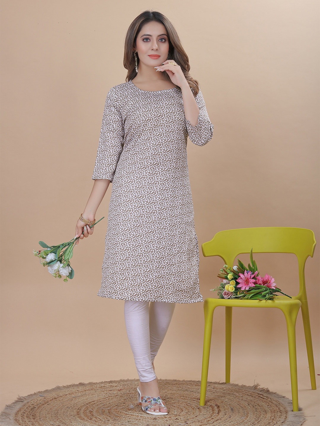 

KALINI Floral Printed Crepe Straight Kurta, Brown