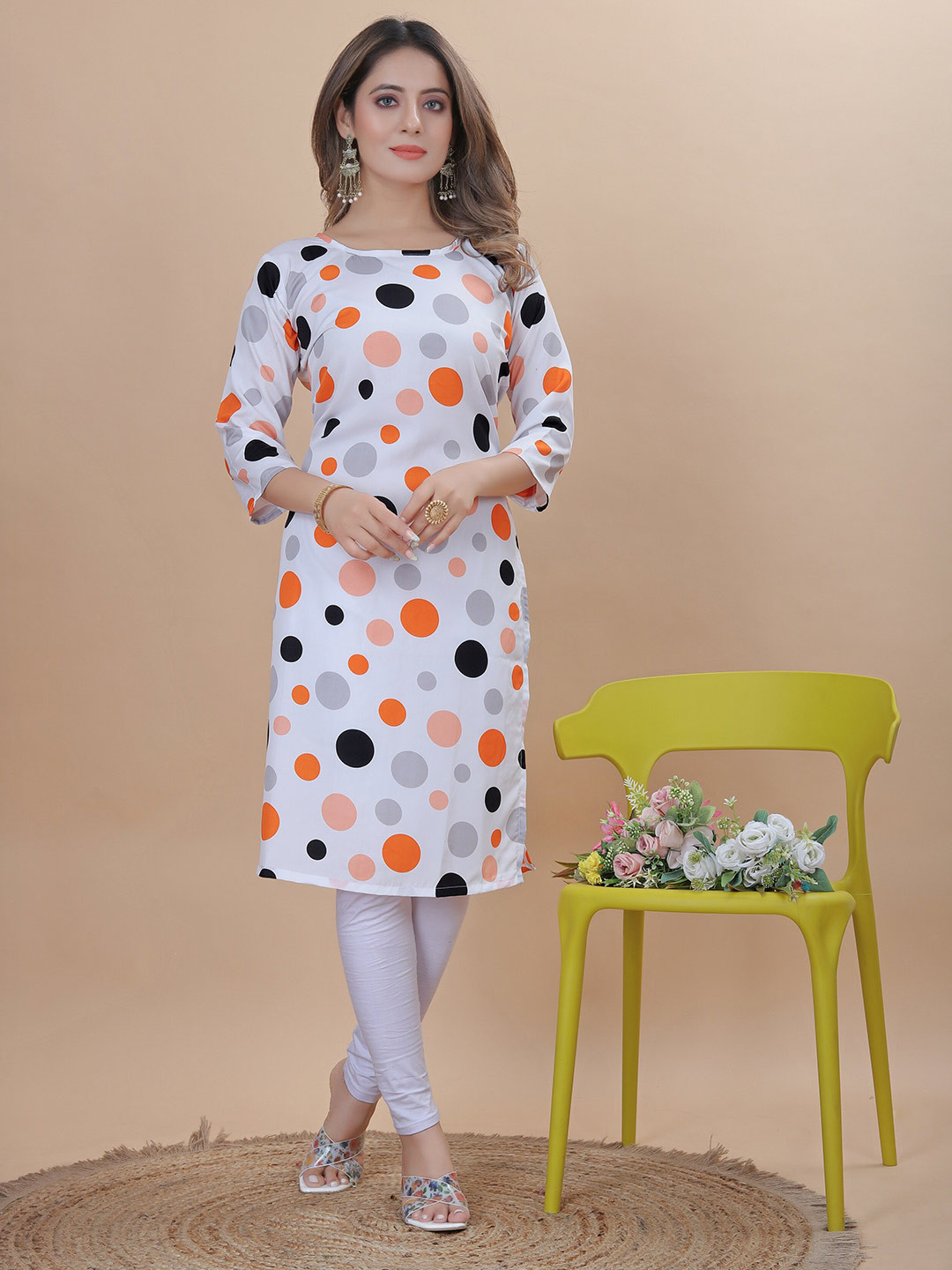 

KALINI Polka Dot Printed Crepe Straight Kurta, White