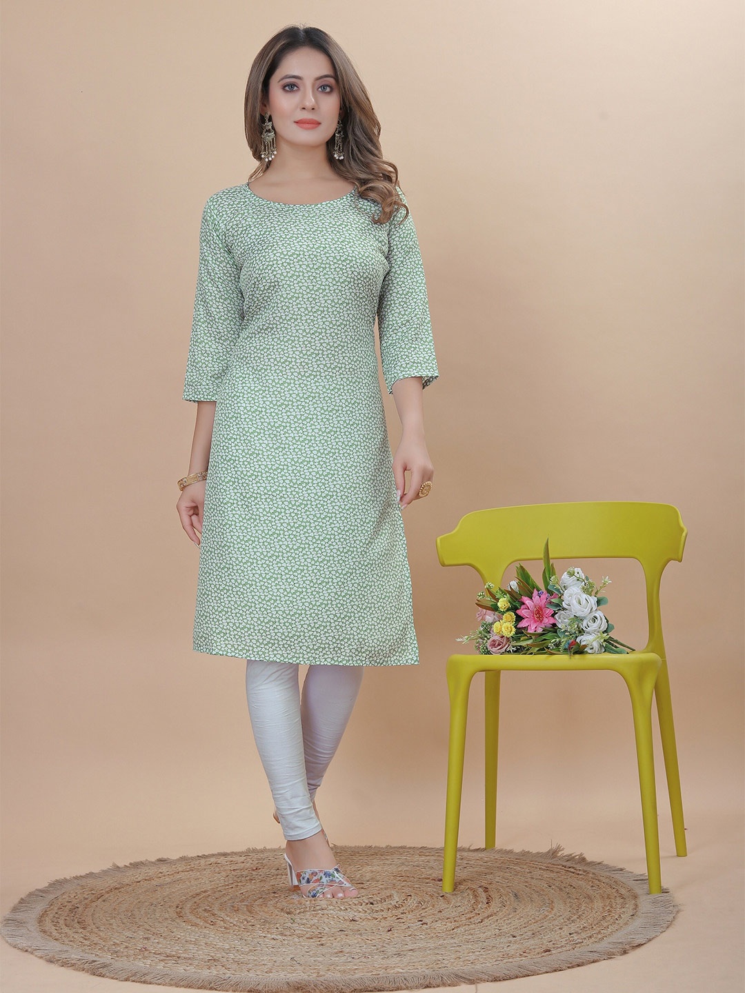 

KALINI Floral Printed Crepe Straight Kurta, Green