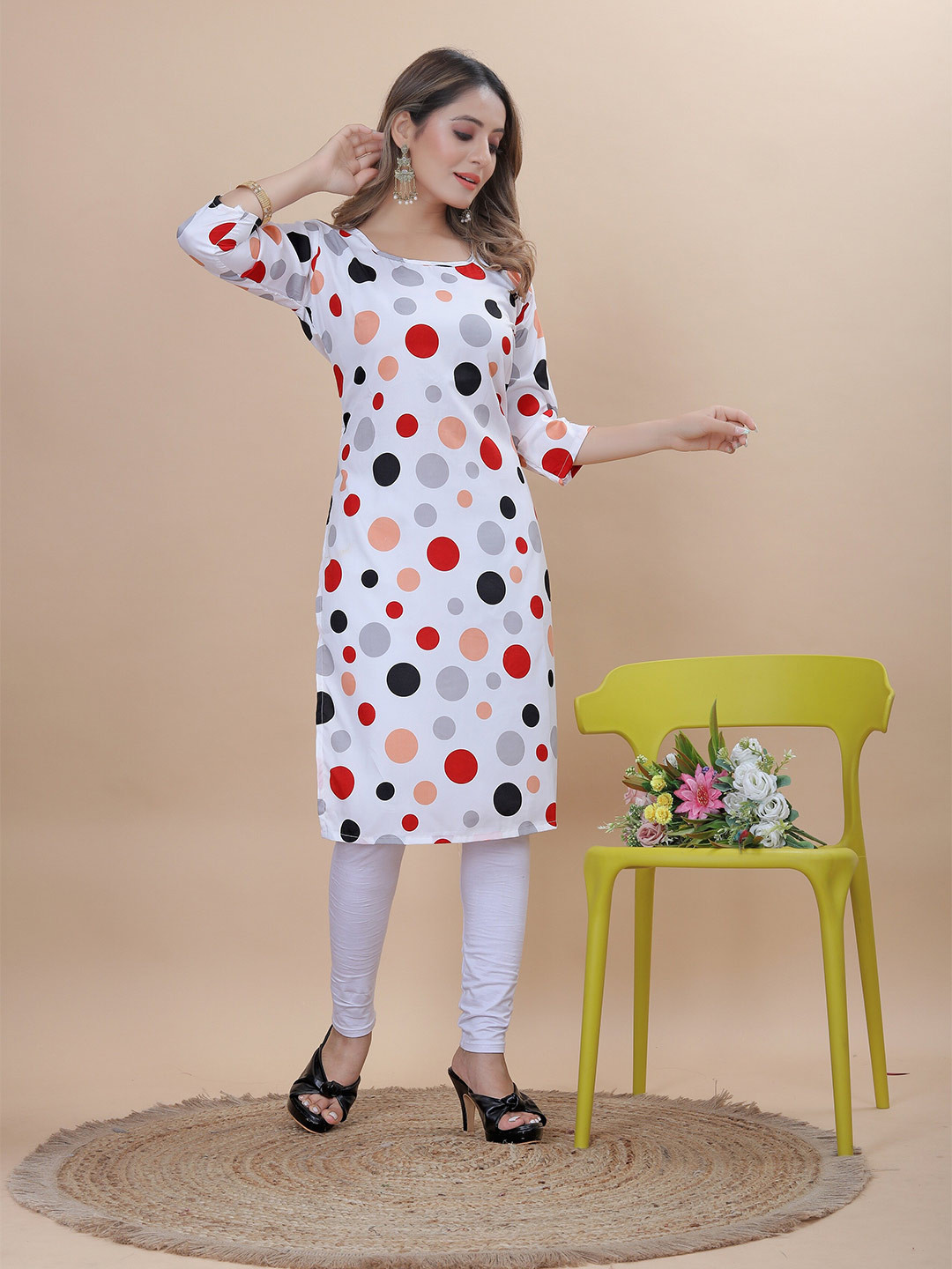 

KALINI Polka Dot Printed Crepe Kurta, White